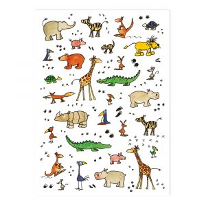 Ilustración de varios animales, incluidas jirafas, cocodrilos, cebras y elefantes, en un estilo de dibujos animados lúdico sobre un fondo blanco con huellas dispersas.
