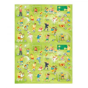 Niños jugando al fútbol en un campo con múltiples ilustraciones pequeñas que muestran varias escenas de niños corriendo, pateando la pelota y celebrando goles.