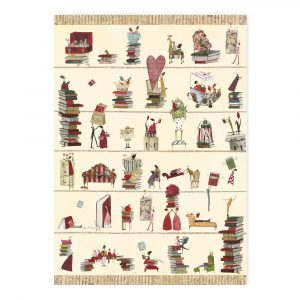 Ilustración de varias escenas extravagantes que involucran personajes extravagantes, animales y pilas de libros, dispuestos en una cuadrícula sobre un fondo crema.