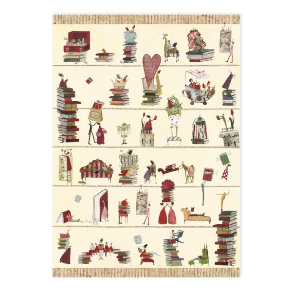 Ilustración de varias escenas extravagantes que involucran personajes extravagantes, animales y pilas de libros, dispuestos en una cuadrícula sobre un fondo crema.