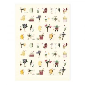 Patrón de ilustraciones con temática de Pascua que presentan huevos, motivos florales, pequeñas figuras, cestas y elementos decorativos, dispuestos en filas sobre un fondo claro.