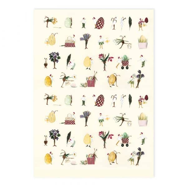 Patrón de ilustraciones con temática de Pascua que presentan huevos, motivos florales, pequeñas figuras, cestas y elementos decorativos, dispuestos en filas sobre un fondo claro.