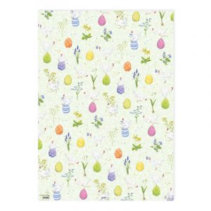 Papel estampado con huevos de Pascua de colores, flores y pequeños pájaros sobre un fondo verde claro.