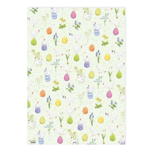 Papel estampado con huevos de Pascua de colores, flores y pequeños pájaros sobre un fondo verde claro.