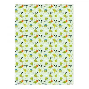 Papel estampado que presenta ilustraciones de dinosaurios corriendo, tortugas, moscas y hojas sobre un fondo verde claro.