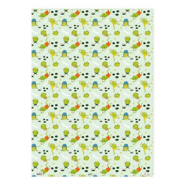 Papel estampado que presenta ilustraciones de dinosaurios corriendo, tortugas, moscas y hojas sobre un fondo verde claro.