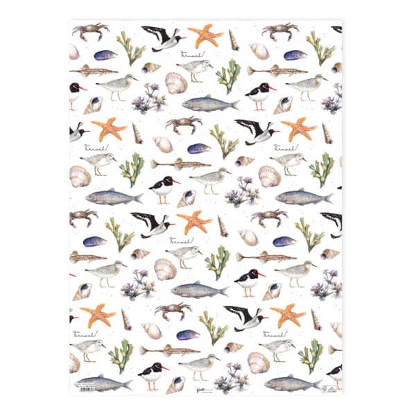 Ilustración de diversas formas de vida marina, incluidas aves, peces, estrellas de mar, conchas y algas, dispuestas en un patrón repetido sobre un fondo blanco.