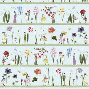 Patrón floral caprichoso con varias flores, plantas y pequeñas figuras ilustradas en filas sobre un fondo azul claro.