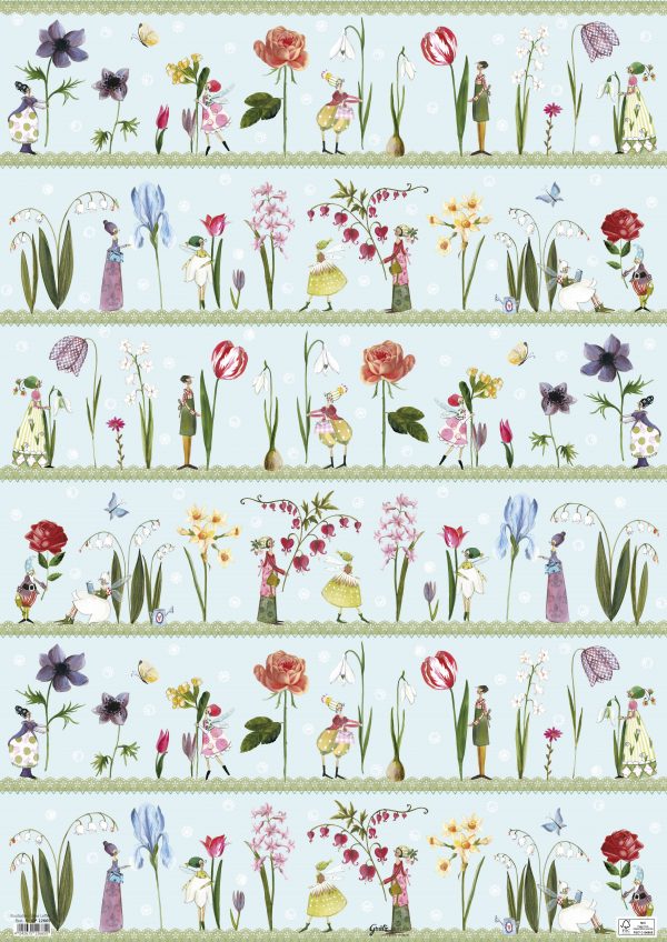 Patrón floral caprichoso con varias flores, plantas y pequeñas figuras ilustradas en filas sobre un fondo azul claro.