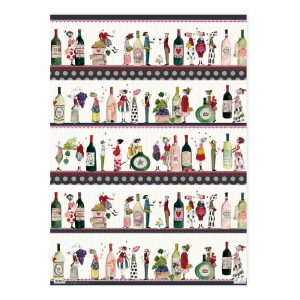 Papel pintado estampado con ilustraciones de botellas de vino, copas y chefs sobre un fondo de rayas.