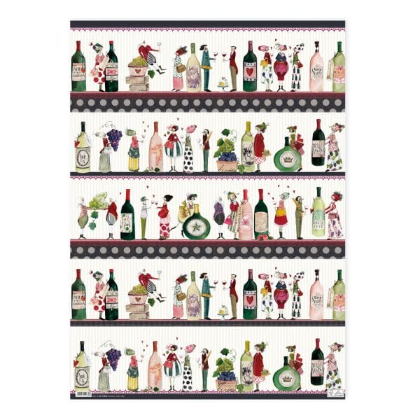 Papel pintado estampado con ilustraciones de botellas de vino, copas y chefs sobre un fondo de rayas.