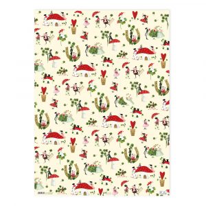 Papel estampado con ilustraciones extravagantes de tréboles, mariquitas, herraduras, hongos y hadas danzantes sobre un fondo claro.
