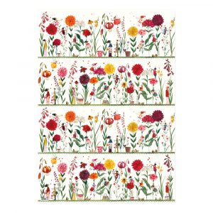 Escena de jardín ilustrada con varias flores de colores, plantas y pequeñas figuras dispuestas en filas horizontales sobre un fondo blanco.