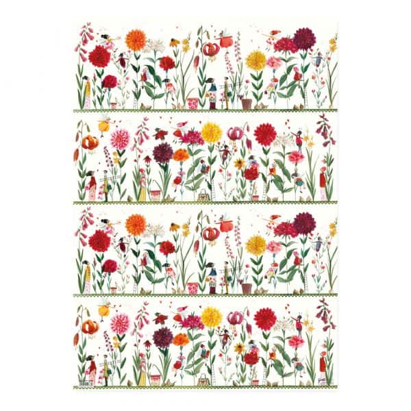 Escena de jardín ilustrada con varias flores de colores, plantas y pequeñas figuras dispuestas en filas horizontales sobre un fondo blanco.
