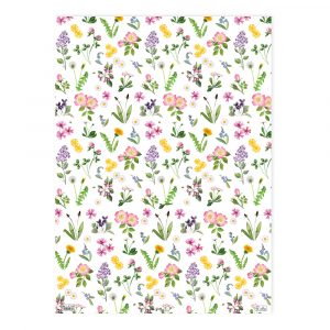 Patrón ilustrado que presenta varias flores de colores y hojas verdes sobre un fondo blanco.