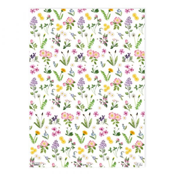 Patrón ilustrado que presenta varias flores de colores y hojas verdes sobre un fondo blanco.