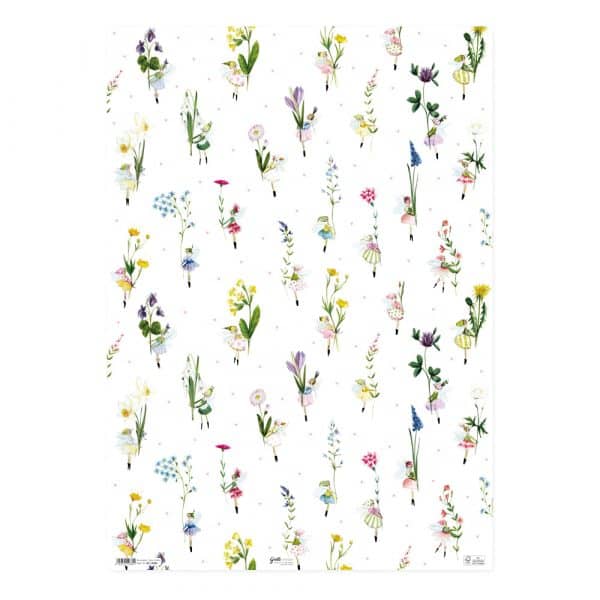 Patrón de varias flores pequeñas y coloridas con tallos delicados esparcidos sobre un fondo blanco.