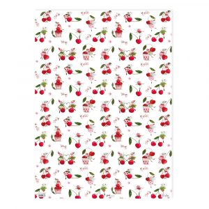 Lámina estampada con ilustraciones de cerezas, tarros de mermelada, mariposas y flores sobre fondo blanco.