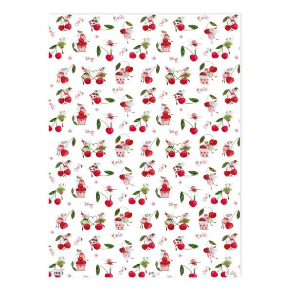 Lámina estampada con ilustraciones de cerezas, tarros de mermelada, mariposas y flores sobre fondo blanco.