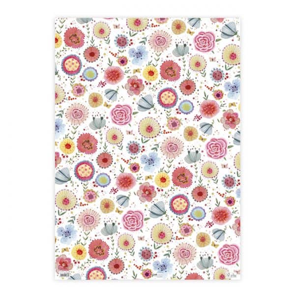 Un fondo blanco con un patrón repetido de flores de colores, que incluye rosas rosadas, margaritas rojas, nomeolvides azules y flores amarillas con hojas y tallos verdes.