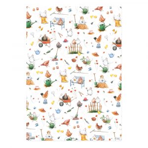 Ilustración caprichosa de pollos y patos participando en actividades agrícolas, rodeados de herramientas de jardinería, flores y alimento, sobre un fondo blanco.