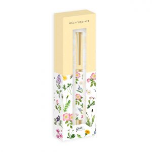 Estuche con un bolígrafo de gel con diseño floral. El envase presenta varias flores de colores sobre un fondo blanco y una sección superior amarilla con la etiqueta "Gelschreiber".