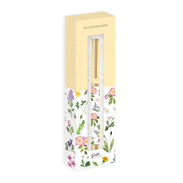 Estuche con un bolígrafo de gel con diseño floral. El envase presenta varias flores de colores sobre un fondo blanco y una sección superior amarilla con la etiqueta "Gelschreiber".