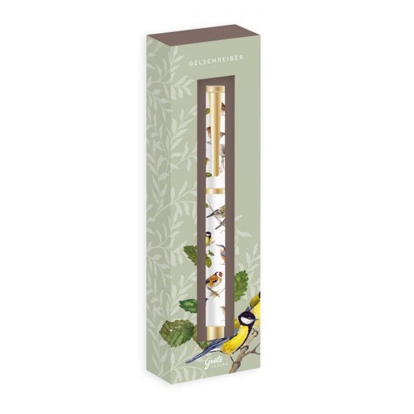 Bolígrafo de gel en caja decorativa con ilustraciones de pájaros y fondo de follaje verde.