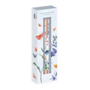 Bolígrafo en caja con diseño floral y de mariposas, etiquetado "Kugelschreiber" y "1.0 Black Ink".