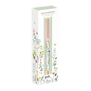 Caja con diseño floral que contiene un bolígrafo de gel rotulado "Gelschreiber 1.0 Black Ink".