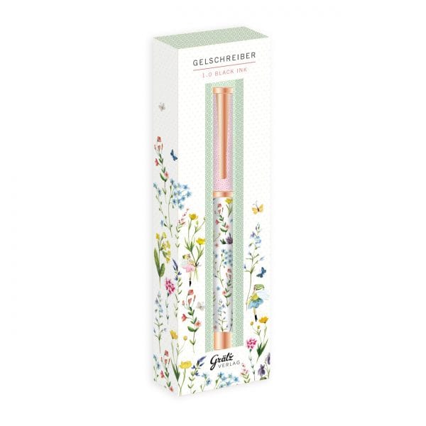 Caja con diseño floral que contiene un bolígrafo de gel rotulado "Gelschreiber 1.0 Black Ink".