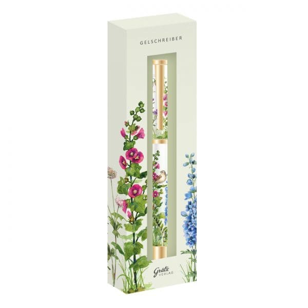 Un bolígrafo de gel decorativo en una caja de temática floral con ilustraciones de flores rosas, blancas y azules.