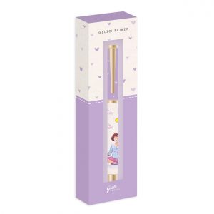 Bolígrafo de gel morado en packaging decorativo que presenta una ilustración infantil y motivos de corazones.