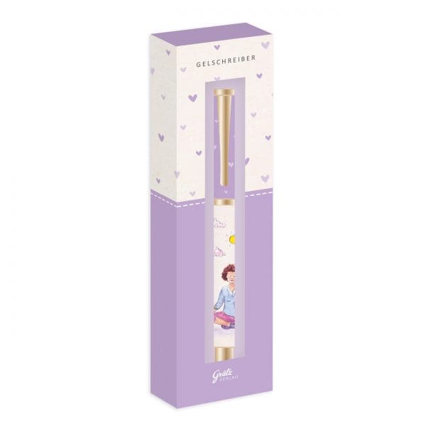 Bolígrafo de gel morado en packaging decorativo que presenta una ilustración infantil y motivos de corazones.