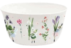 Cuenco blanco con ilustraciones de flores y pequeñas figuras vestidas con hojas alrededor del exterior.