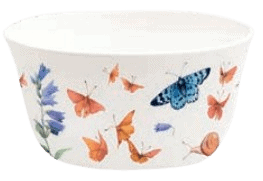 Cuenco blanco con diseño de mariposas azules y naranjas, pequeñas flores y hojas.