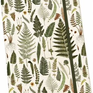Un cuaderno con cubierta de color crema que presenta varias ilustraciones de helechos verdes y una banda elástica oscura para el cierre.