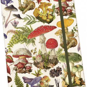 Cuaderno con cubierta que muestra varios hongos y plantas ilustrados, incluidas especies rojas y amarillas, rodeados de hojas y helechos.