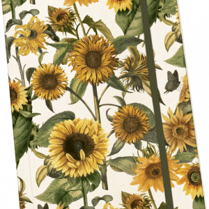 Cuaderno con cubierta que presenta un estampado de girasoles y mariposas ilustrados.