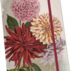 Un cuaderno con una cubierta floral que presenta cuatro dalias coloridas y una banda elástica de color granate.