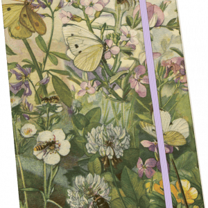 Portada de cuaderno ilustrada que presenta varias mariposas y abejas entre flores coloridas y vegetación.