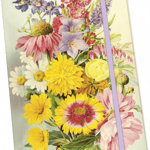 Ilustración de una cubierta de cuaderno que presenta una variedad de flores coloridas, incluidas margaritas, equináceas y rosas, con una banda elástica violeta para el cierre.