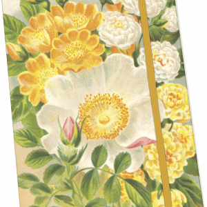Diario con cubierta floral que presenta ilustraciones de flores amarillas, blancas y rosas con hojas verdes, aseguradas con una banda elástica amarilla.