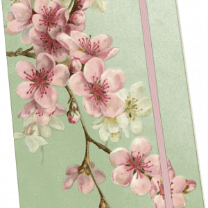 Libreta con tapa verde claro con ilustraciones de flores de cerezo en rosa y blanco. Se adjunta una banda elástica rosa.