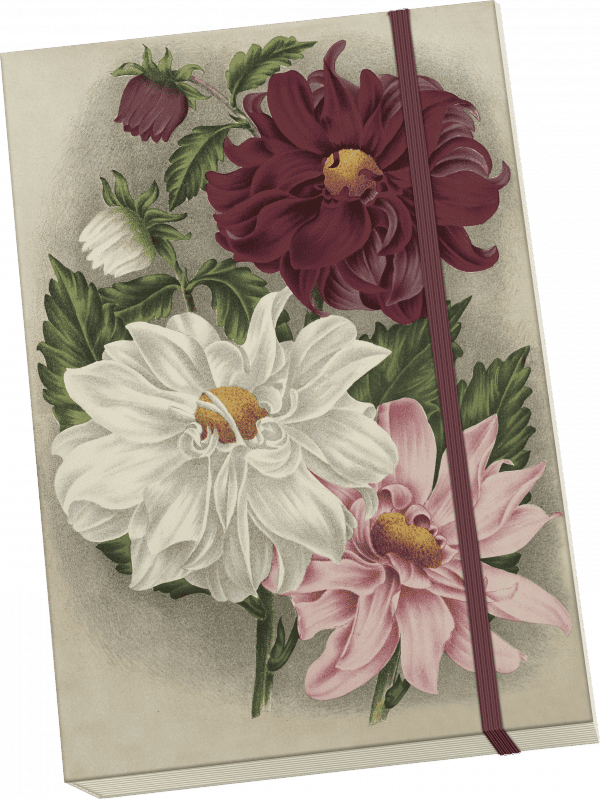 Cubierta de cuaderno ilustrada con grandes flores rojas, blancas y rosas con hojas verdes y una banda elástica marrón.
