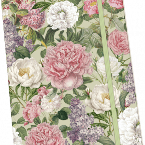 Diario con portada floral con peonías rosas y blancas, hortensias y hojas verdes. Cierre con banda elástica en el lado derecho.