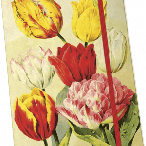 Libreta con tapa que presenta una ilustración de seis tulipanes en varios colores, con cierre de goma elástica roja.