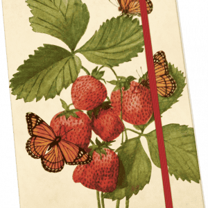 Cubierta de cuaderno ilustrada con fresas, hojas verdes y dos mariposas, con una banda elástica roja en el lado derecho.