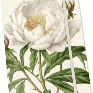 Cubierta de cuaderno ilustrada que presenta un dibujo detallado de una gran peonía blanca con hojas verdes y un capullo.