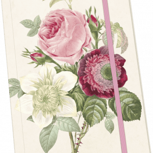 Un diario floral cerrado con flores rosas, blancas y rojo oscuro con hojas verdes, asegurado por una banda elástica rosa.